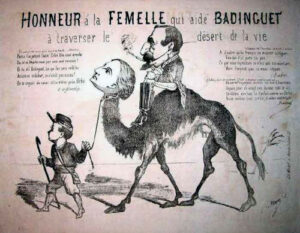 caricature de Daumier représentant Napoléon III assis sur un dromadaire qui a la tête d'une femme... en l'occurrence l'impératrice !