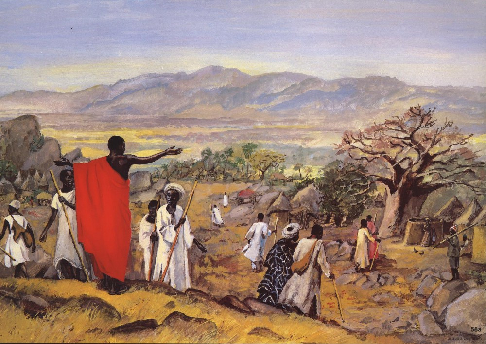 tableau tiré de la série 'Jésus Mafa' représentant Jésus qui envoie ses disciples deux par deux