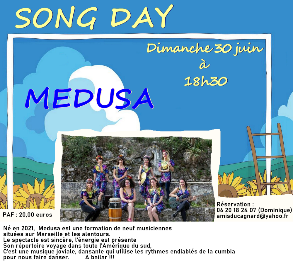 annonce du concert du 30 juin par le groupe Medusa, formation de neuf musiciennes situées sur Marseille et alentours