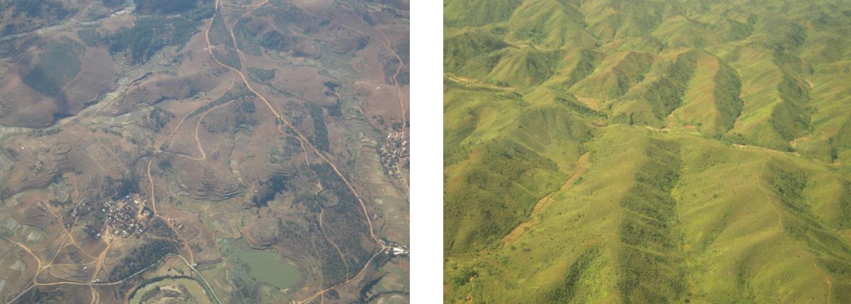 deux photos côte à côte qui montre le paysage malgache vu d'avion