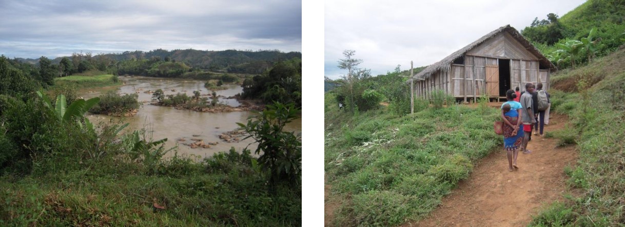 deux photos côte à côte. Celle de gauche montre les sentiers boueux et dangereux dont il est question dans le texte. La deuxième montre l'arrivée du petit groupe vers une maisonnette en bois, à flanc de colline