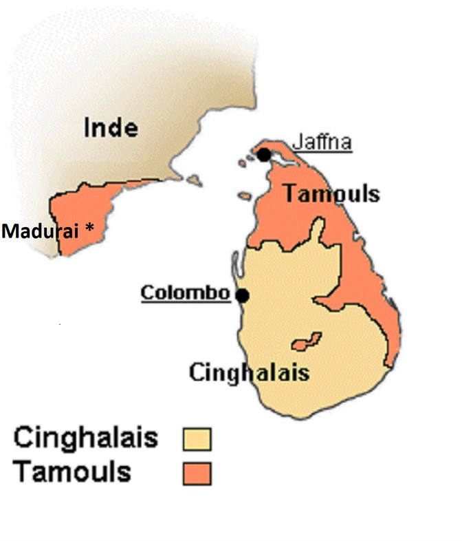 la carte de l'île de Sri Lanka avec la répartition entre les Tamouls et les Cinghalais