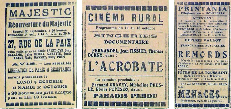 trois extraits de journaux locaux annonçant la réouverture du Majectic, du Ptrintania et du Cinéma Rural