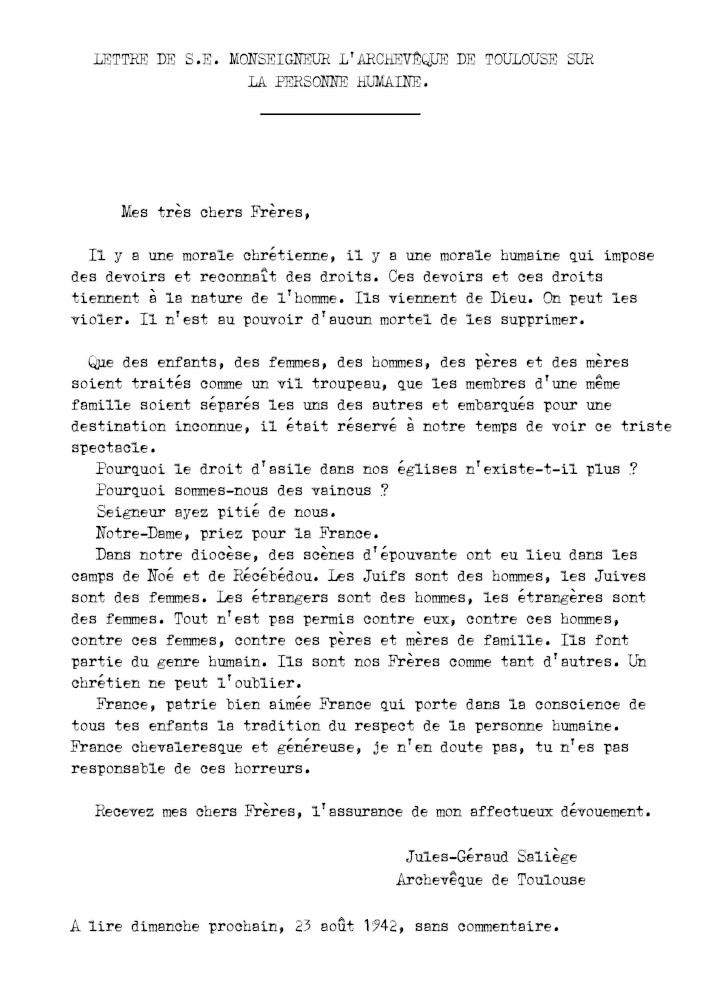 lettre original de Mgr Saliège, archevêque de Toulouse